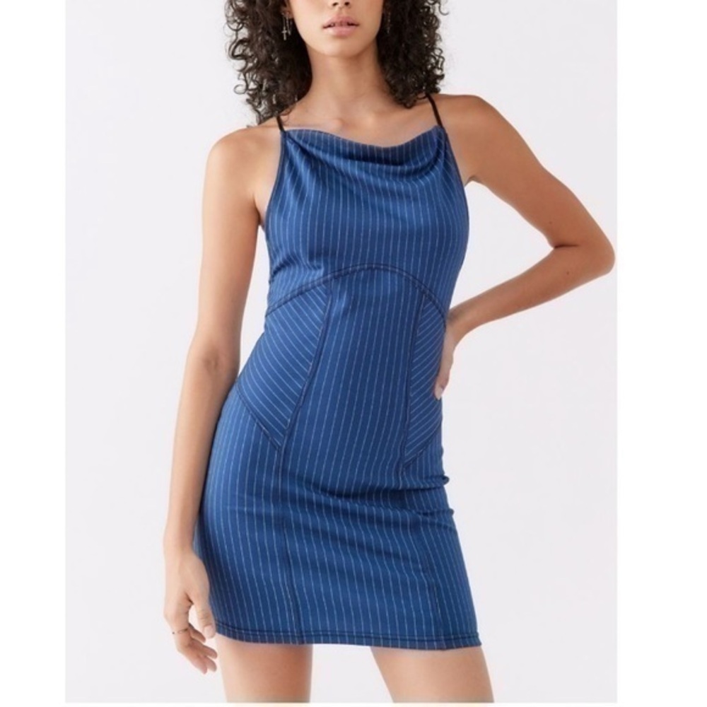 NWT UO Stretchy Complex High Neck Mini Dress Pin Stripe Low Open Back Medium